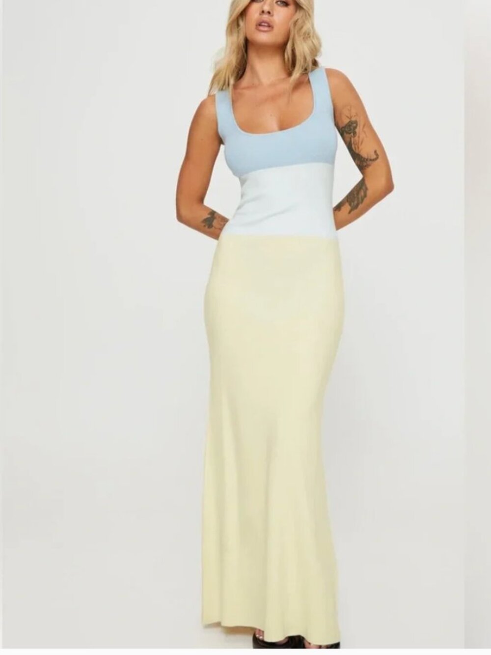Princess Polly Knit Abyss Colorblock Maxi Dress Blue Yellow Size 6